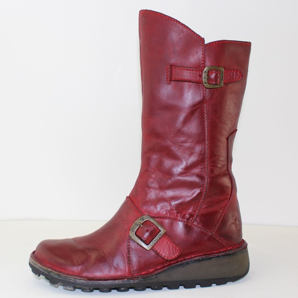 Fly London Mes Patent Red Leather Buckled Wedge Boot Womens  (Eu 36/US 6)